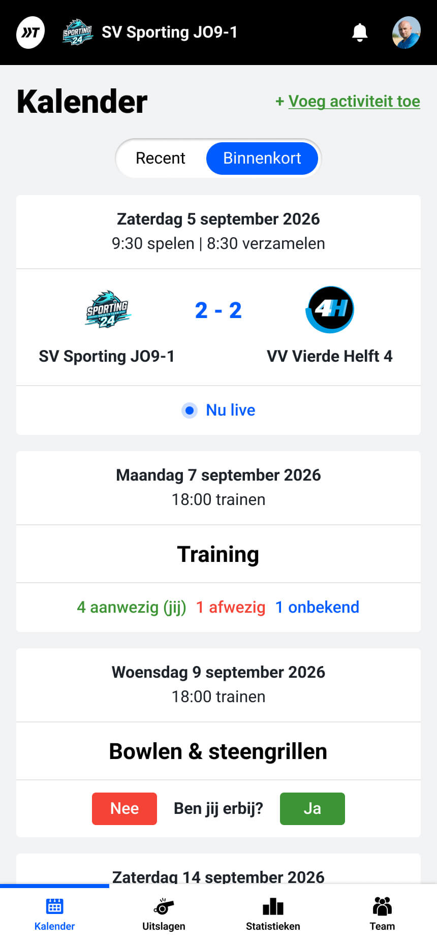 Aanwezigheid van spelers bij wedstrijden, trainingen en teamuitjes in de teamkalender
