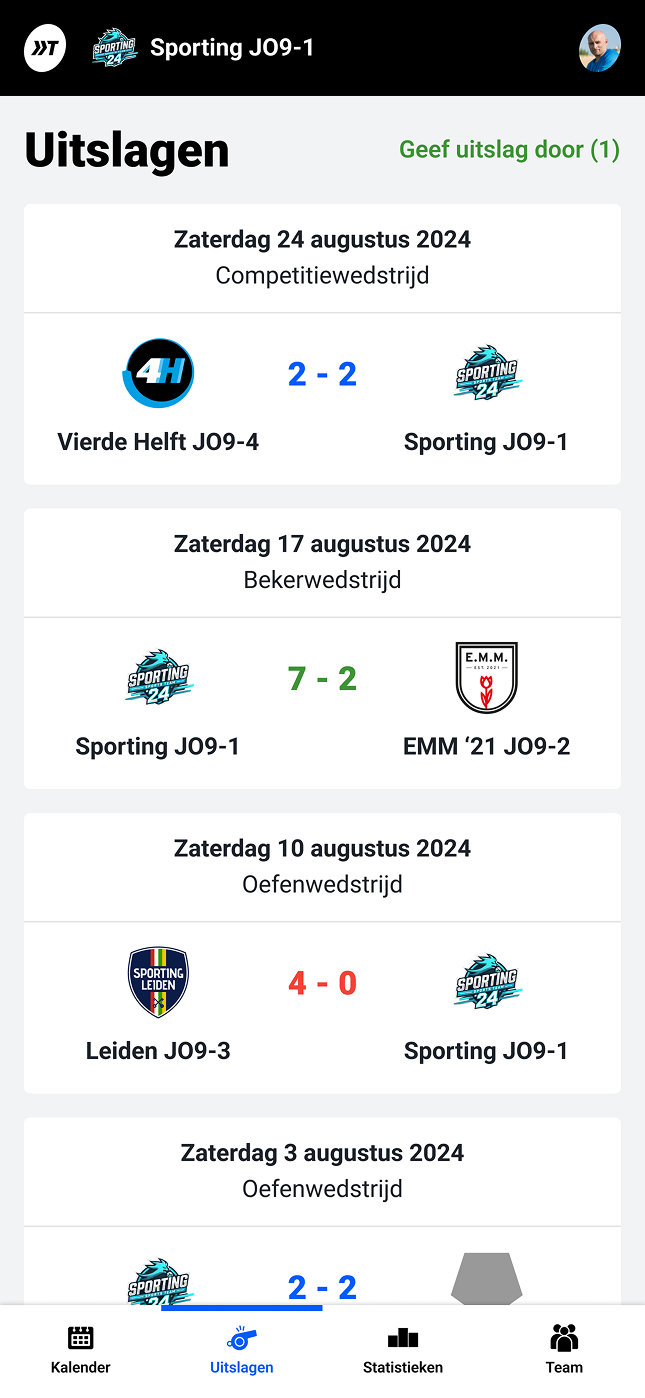 Uitslagen van wedstrijden